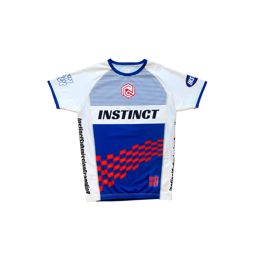Instinct Jiu-Jitsu Grand Prix Series Podium Rash Guard in black with colorful logo and branding, fitted athletic rash guard for martial arts.