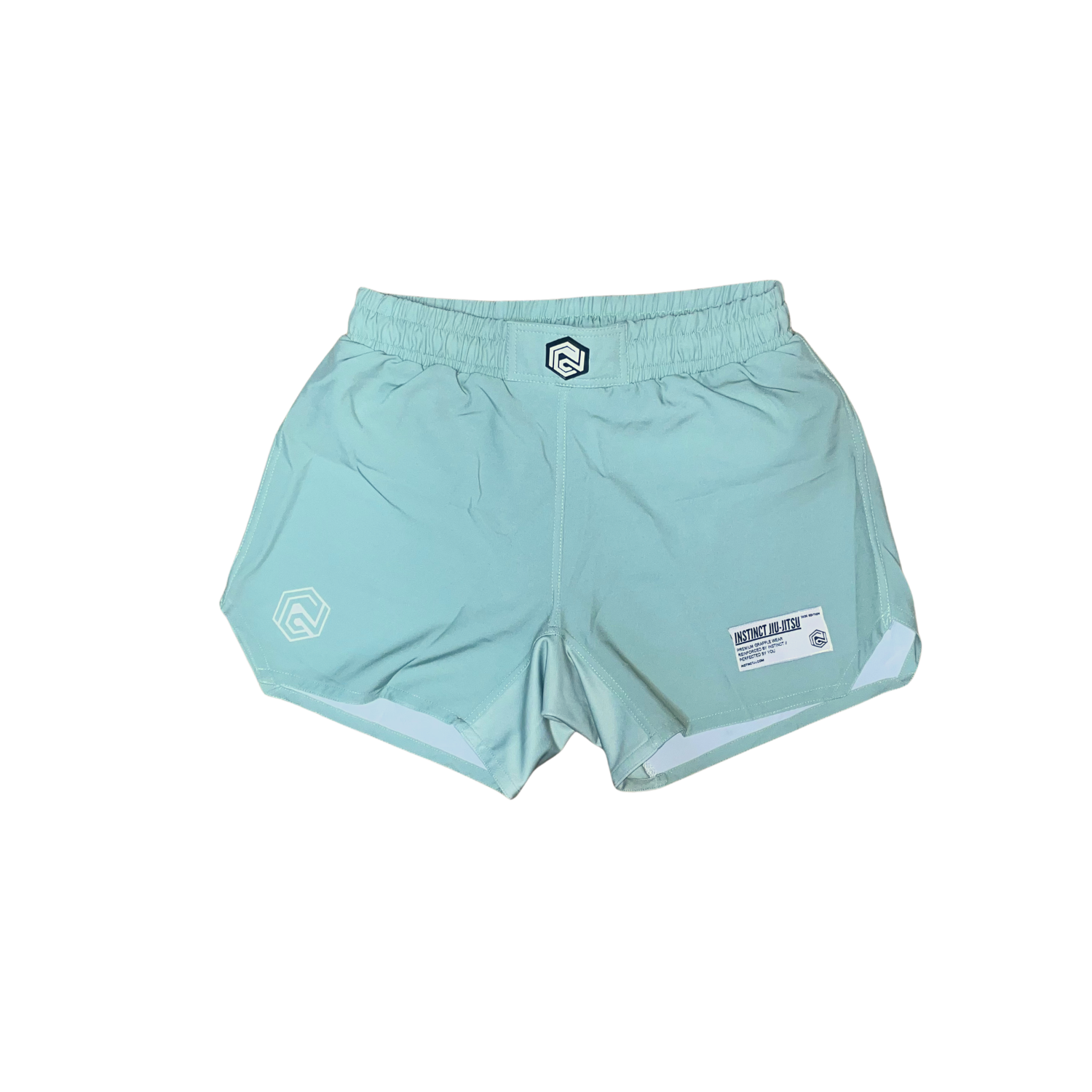 Instinct Jiu-Jitsu CORE V2 Combat Shorts in Sage color, lightweight martial arts shorts with adjustable waistband and reinforced stitching.