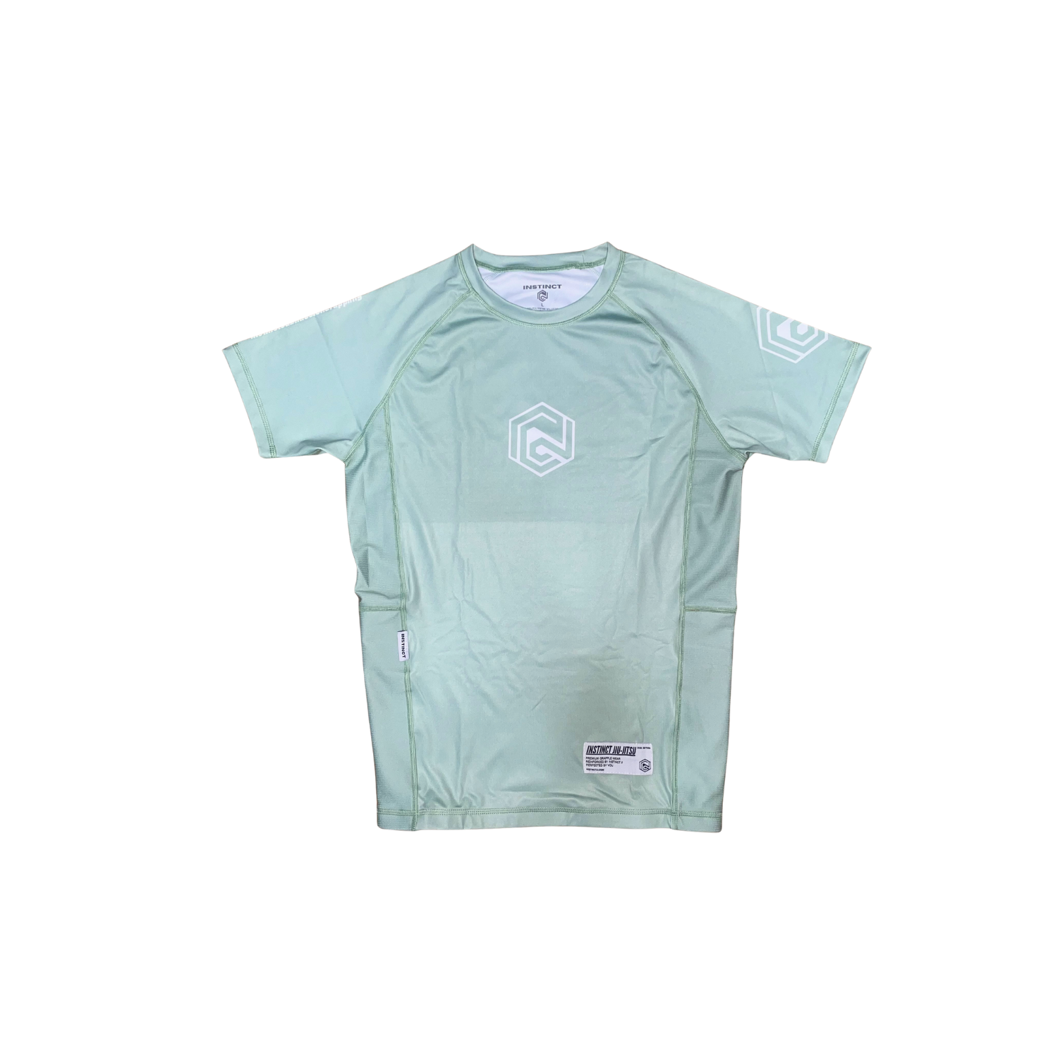 Instinct Jiu-Jitsu CORE V2 short sleeve rash guard in sage green with logo design, made of stretchy, quick-drying fabric for martial arts.