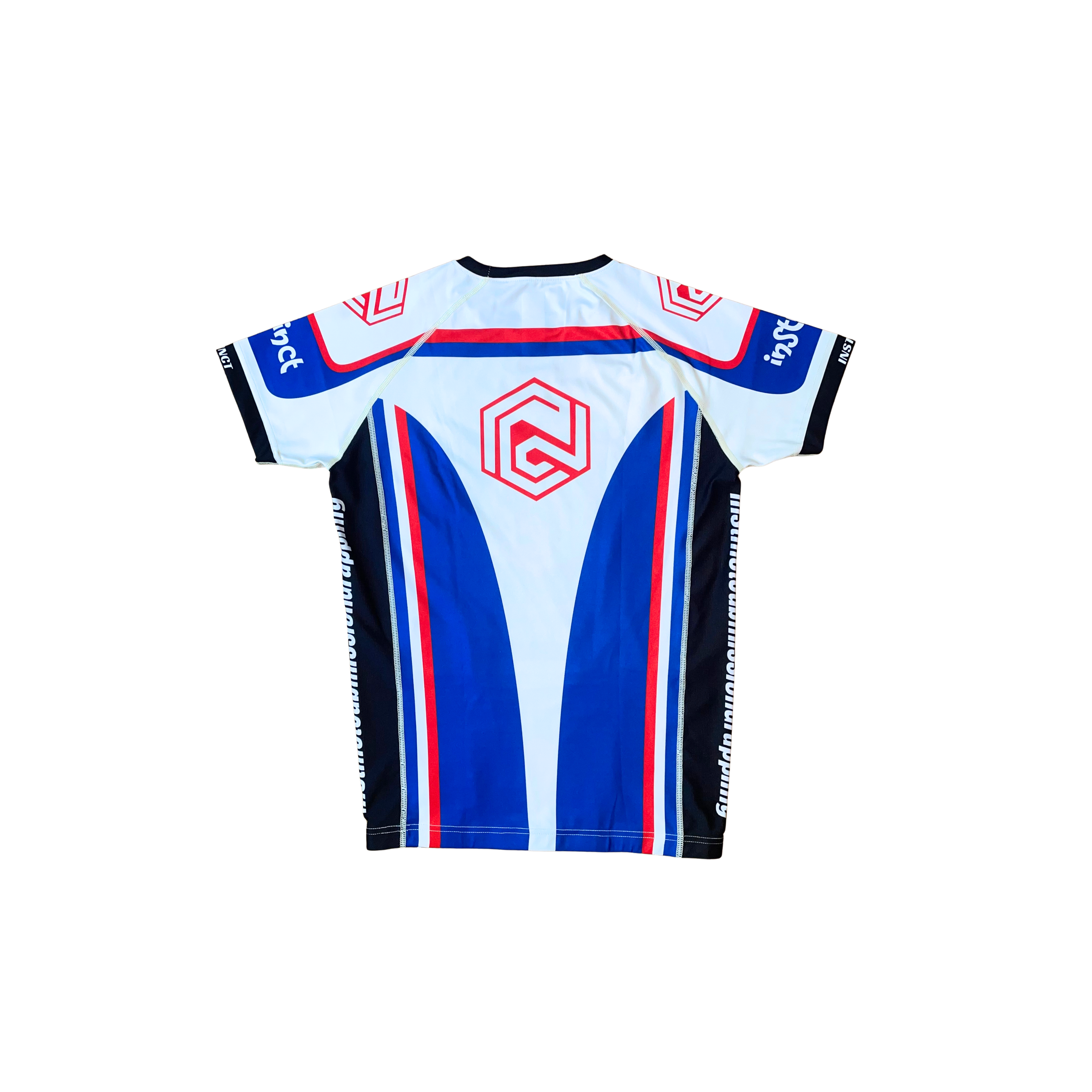 Instinct Jiu-Jitsu Grand Prix Series Velocity Rash Guard, close-up of black and red rash guard with logo and sleek design.