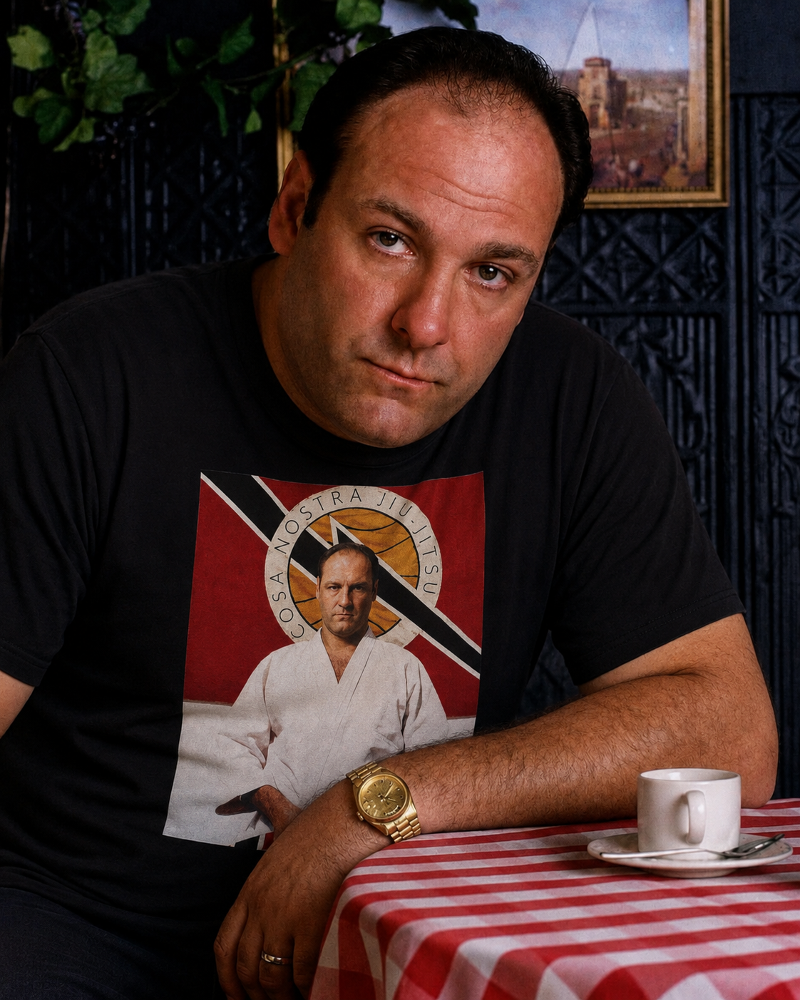 Black Cosa Nostra tee from BJJ World, red front graphic worn at a red checked table.