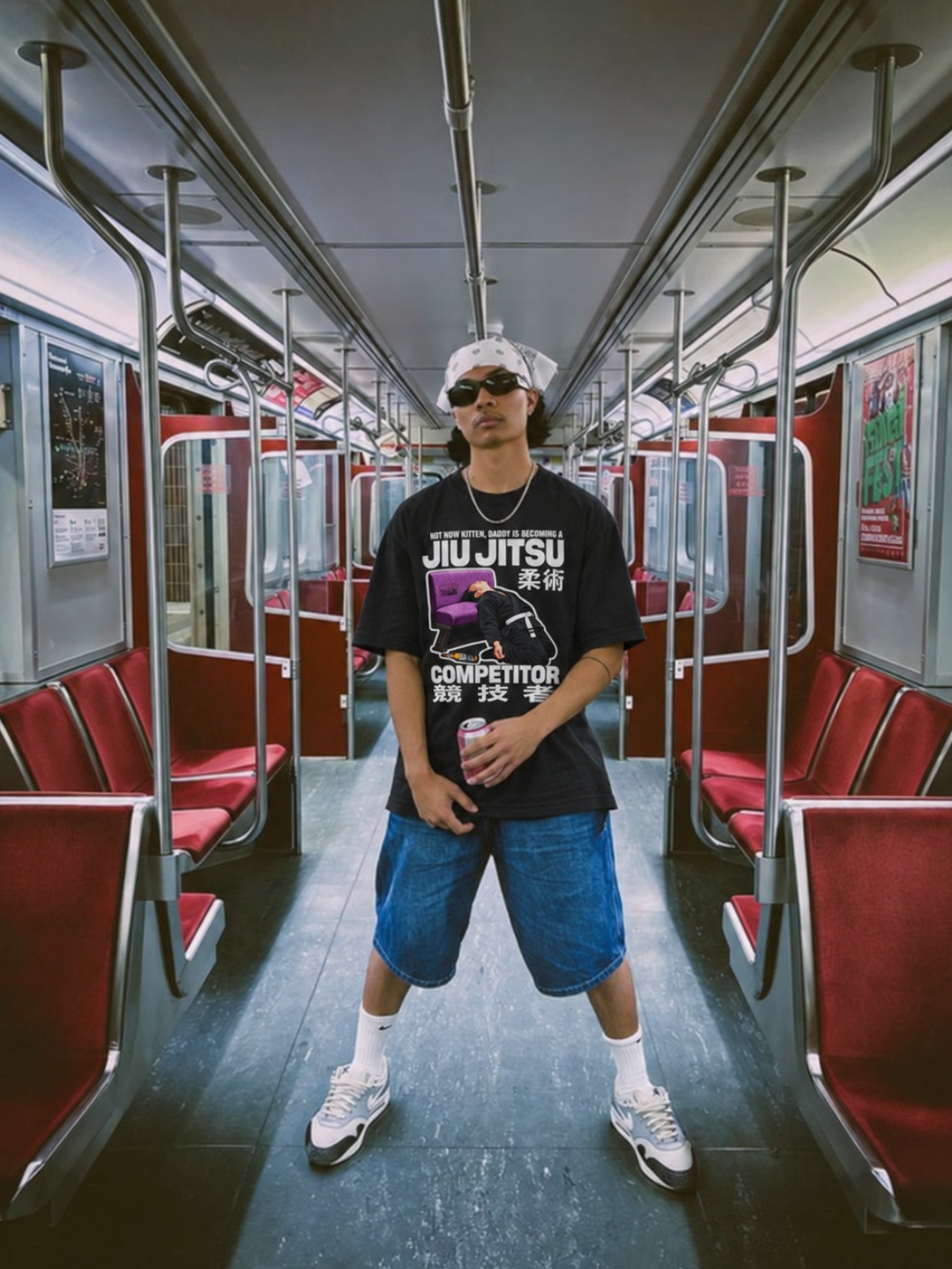 Black Not Now Kitten tee from BJJ World, white and purple front print worn in a subway car.