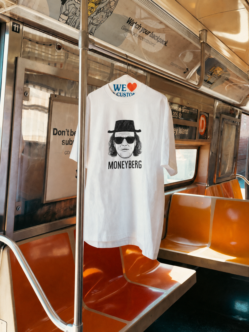White Moneyberg tee from BJJ World, hung in a subway car.