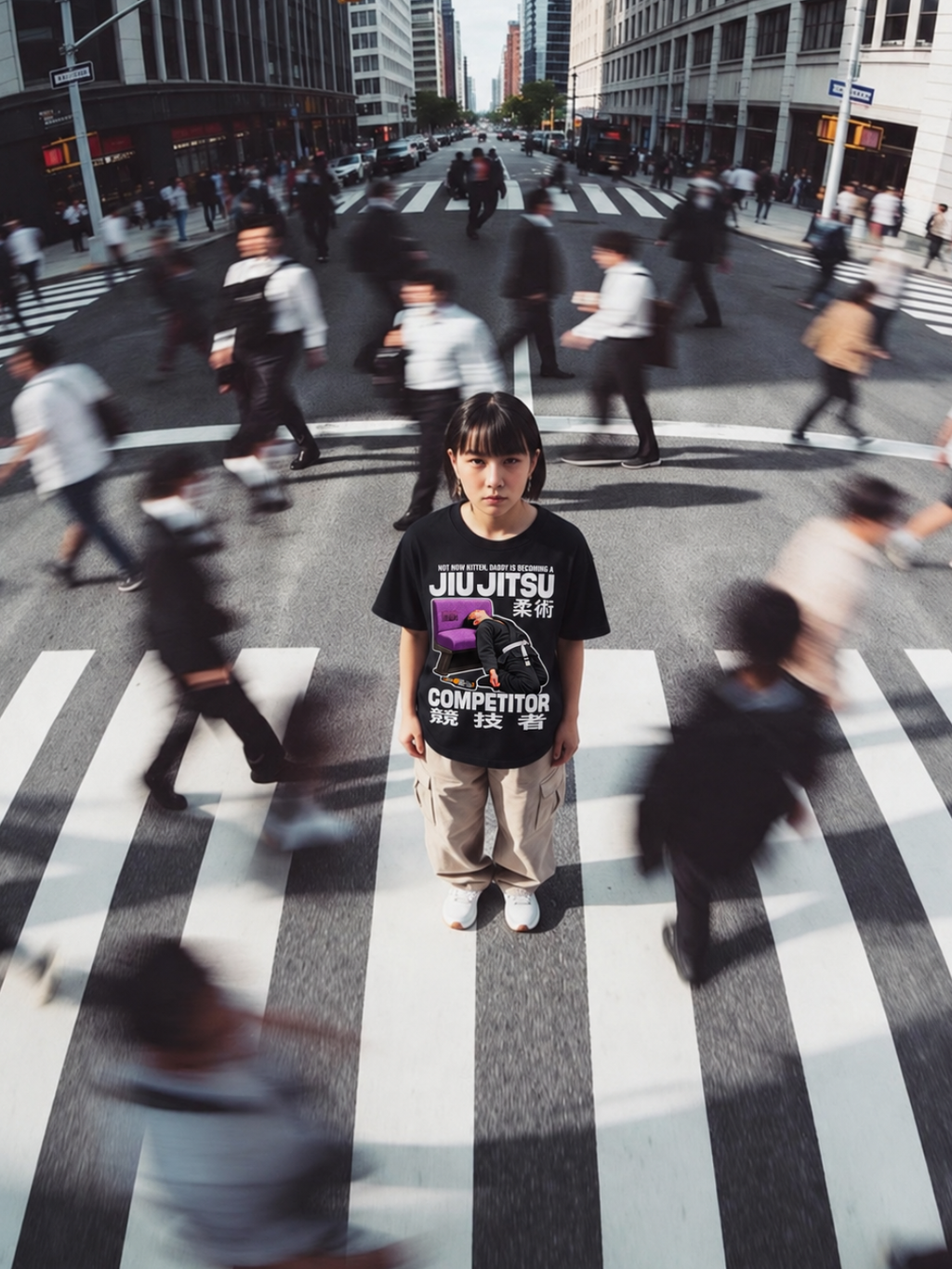 Black Not Now Kitten tee from BJJ World, front print worn standing on a city crosswalk.